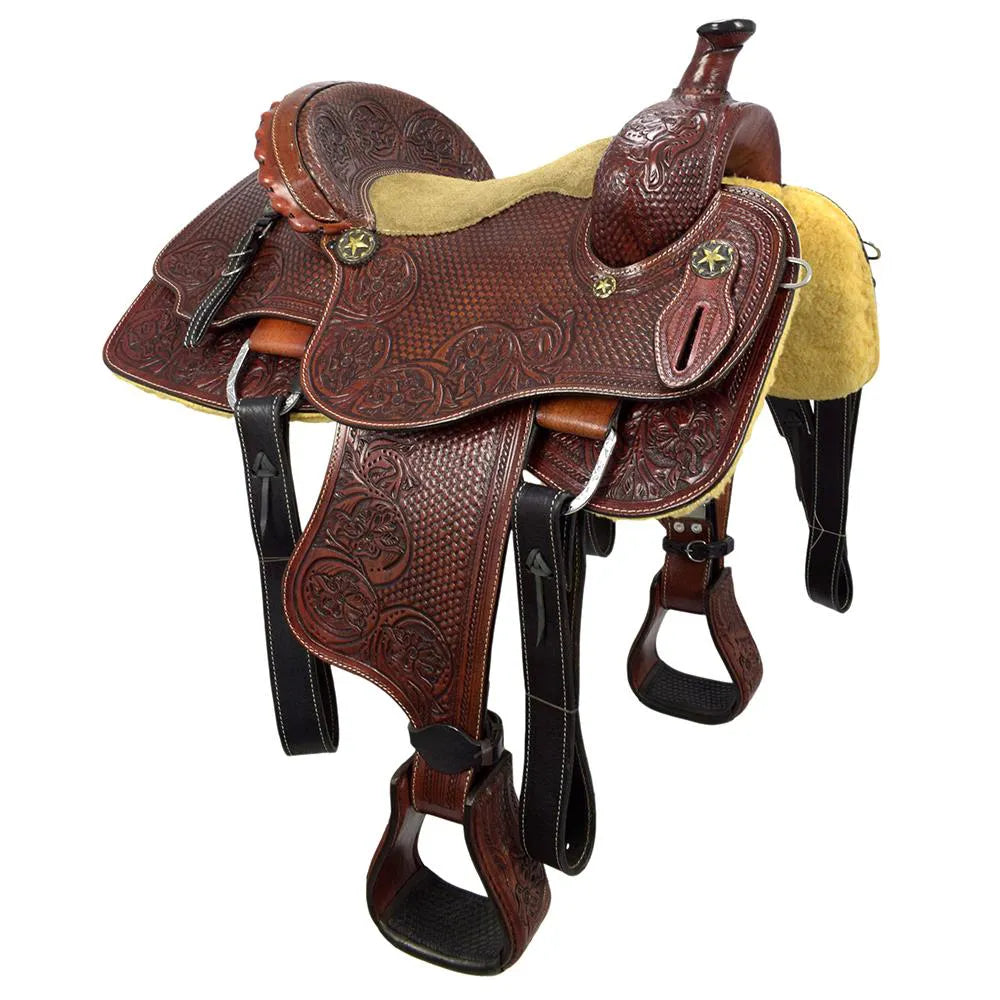 Roping Western Saddle Premium Calf 15" Buffalo Leather - color Brown