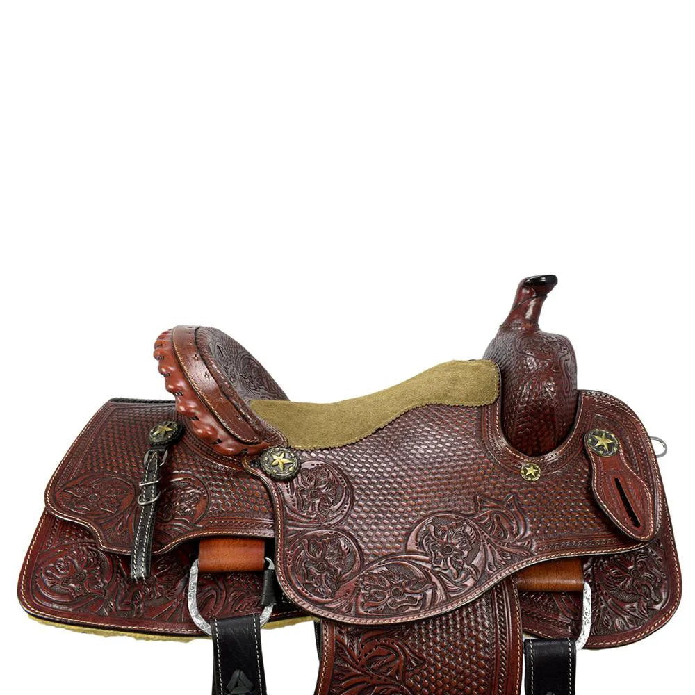 Roping Western Saddle Premium Calf 15" Buffalo Leather - color Brown
