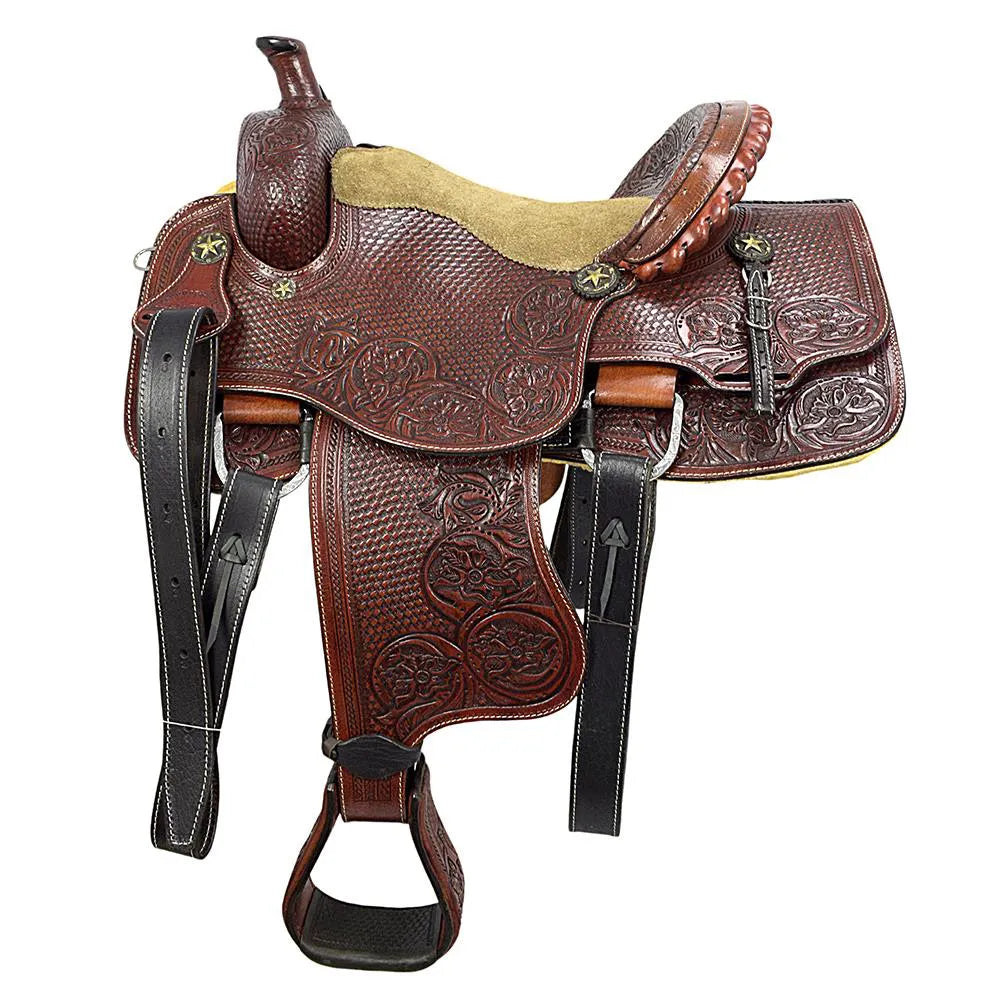 Roping Western Saddle Premium Calf 15" Buffalo Leather - color Brown